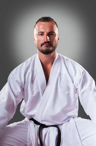 Porträt eines gut aussehenden männlichen Karatespielers, der auf dem grauen Hintergrund posiert — Stockfoto