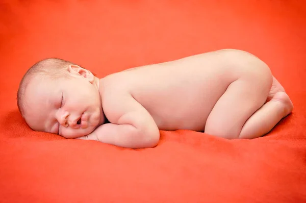 Mooie Pasgeboren Baby Jongen Slapen Vredig Zachte Rode Deken — Stockfoto