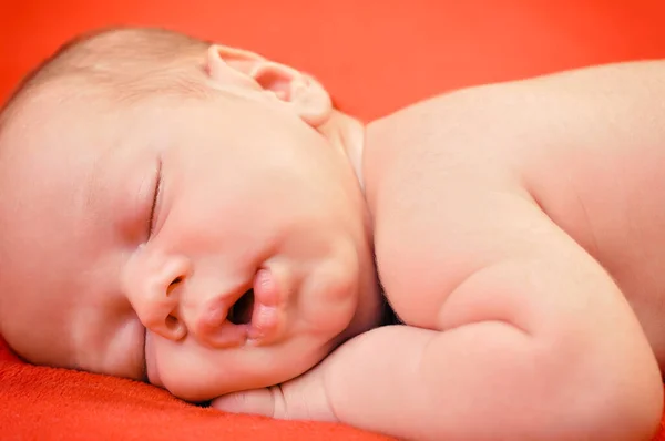 Vacker Nyfödd Pojke Sover Fridfullt Mjuk Röd Filt — Stockfoto