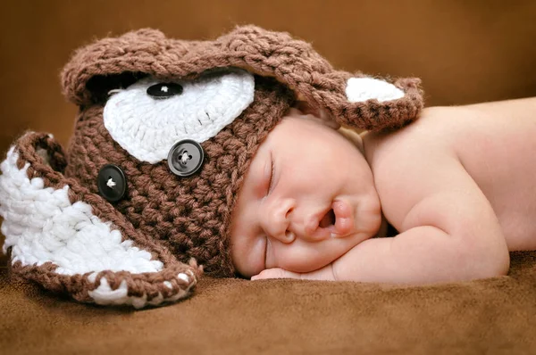 Beautiful Newborn Baby Boy Cute Cap Sleeping Peacefully Soft Brown — Stock Photo, Image