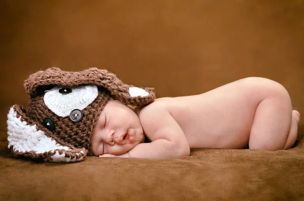 Beautiful Newborn Baby Boy Cute Cap Sleeping Peacefully Soft Brown — Stock Photo, Image