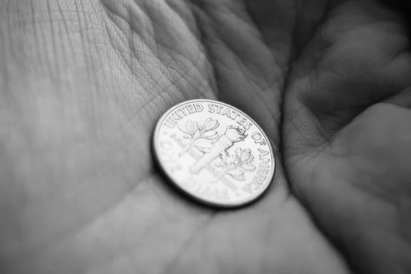 Münze Auf Einer Handfläche Oberflächlicher Fokus Auf Vereinigte Staaten Stockbild