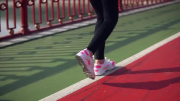 Женские ноги бегут по трассе — стоковое видео