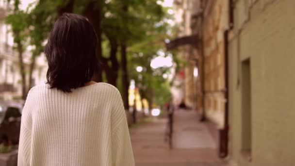 Vista posteriore di una donna che cammina lungo la strada in una città — Video Stock