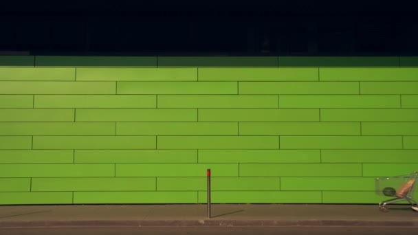Mulher andando ao longo da parede verde — Vídeo de Stock