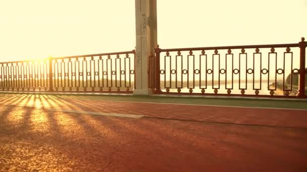 Пешеходный мост через реку — стоковое видео