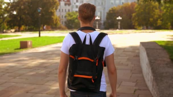 Male with knapsack stroll in city — Stock Video