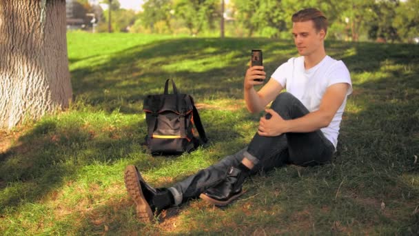 公園で座っている若い男がビデオ通話です スマート フォンのアプリを使って白人男 — ストック動画
