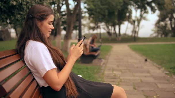 Perfil mulher feliz mensagens ao ar livre — Vídeo de Stock