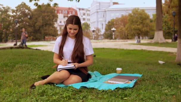 Chica atractiva haciendo la tarea al aire libre — Vídeos de Stock