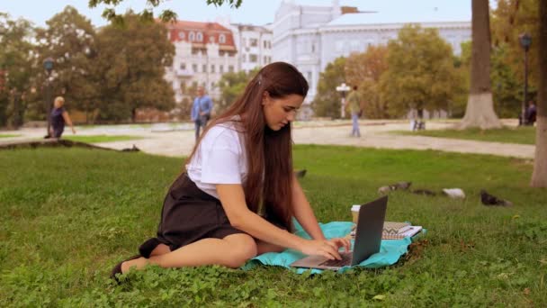 Attraente ragazza utilizzando il computer all'aperto — Video Stock