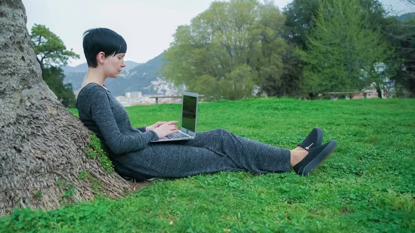 Erwachsene Frau arbeitet im Park unter Baum am Computer. — Stockfoto