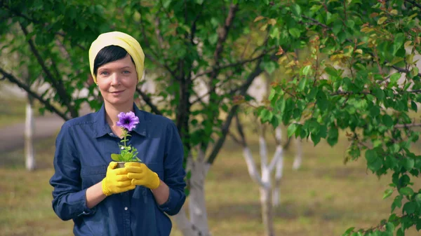 Mulher Jardim Segurando Planta Com Flores Produtor Adulto Feliz Vestindo — Fotografia de Stock