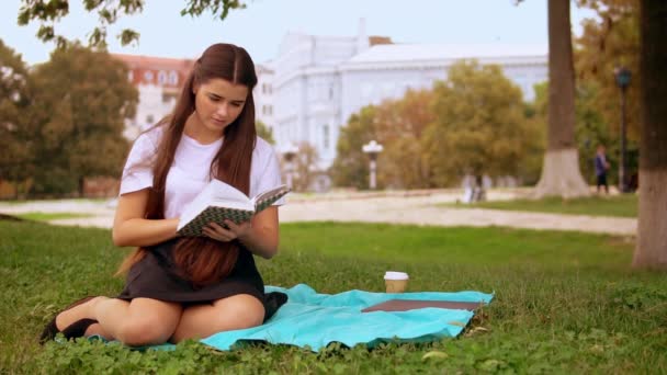 Barna lány elolvassa a könyvet a parkban — Stock videók