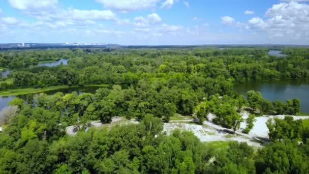 Drone πετάει πάνω από καταπράσινα δέντρα και μπλε νερό — Αρχείο Βίντεο