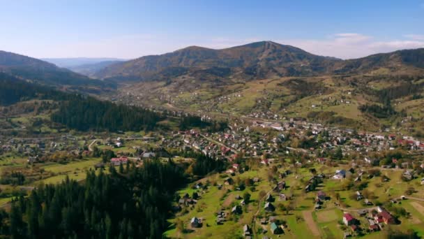 Drone політ над лісом і будинків в Карпатах — стокове відео