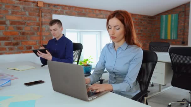 Hermosa mujer trabajadora de oficina trabaja en su computadora portátil mientras que su colega masculino utiliza la calculadora — Vídeo de stock