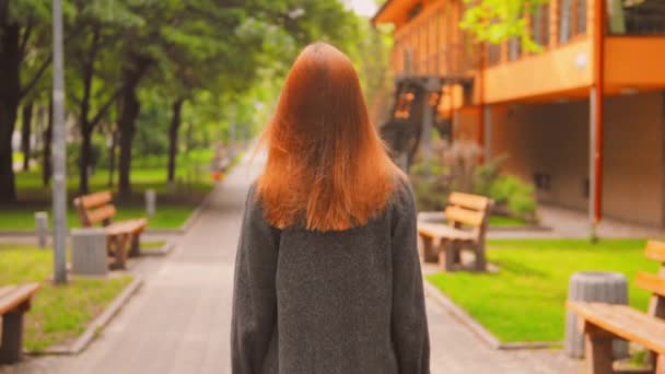 Девушка с красивыми рыжими волосами в летнем парке — стоковое видео