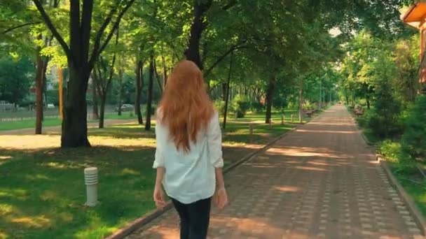 알아볼 수 없는 여성들이 녹색 나무와 함께 골목을 따라 걷습니다. — 비디오