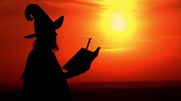 Ведьма держит книгу заклинаний и волшебную палочку — стоковое видео