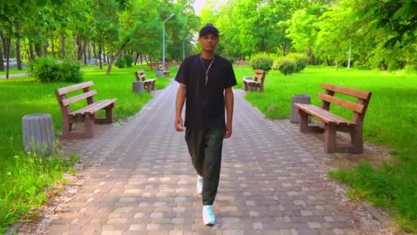 Handsome guy wearing casual walks in city — Stock Video