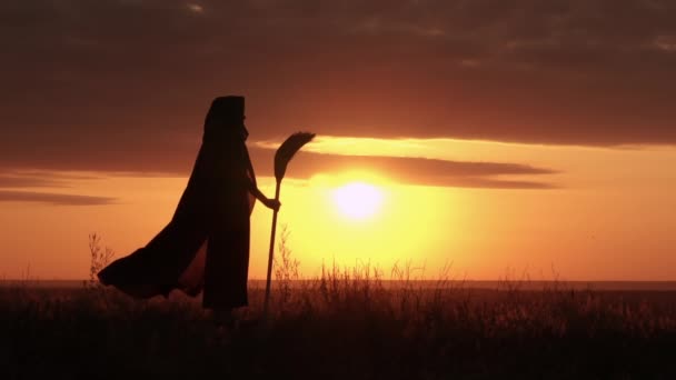 Sorcière debout sur le paysage de montagne au lever du soleil — Video