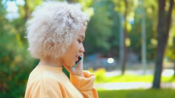 프로필 소녀 는 도시에서 전화로 이야기 산책 — 비디오