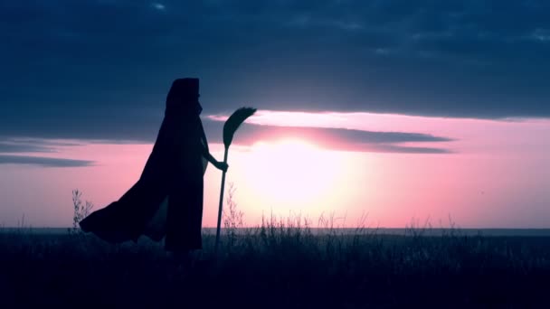 Profil eine hexe mit besom steht auf dem hügel abend skyline halloween — Stockvideo
