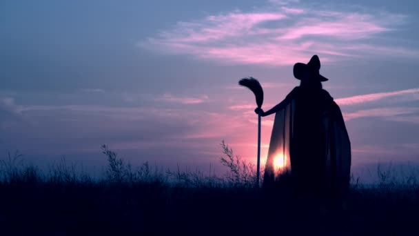 Tepe akşam silueti cadılar bayramı üzerinde duran besom ile bir cadı arka — Stok video