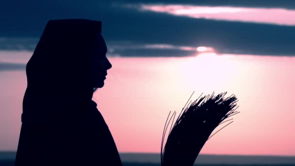 Profil fille en robe fantaisie sorcière tient un balai lever de soleil en plein air — Video