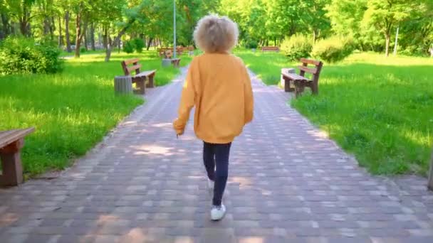 African American Girl wandelen in Park draai aan de camera — Stockvideo