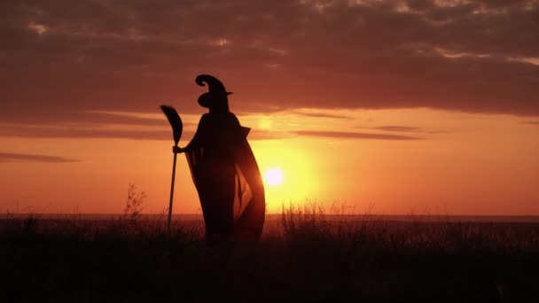 Mädchen in Verkleidung Hexe hält Zauberstab Sonnenaufgang Ansicht — Stockvideo