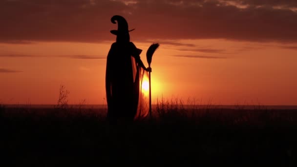 Девушка в маскарадной одежде ведьма держит метлу глядя на восход солнца — стоковое видео