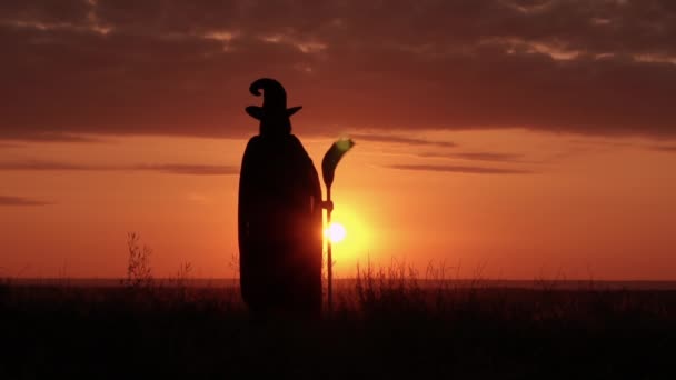 Dziewczyna w fantazyjne sukienka czarownica trzyma miotła przeraża miasto wschód słońca widok — Wideo stockowe