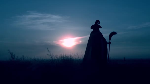 Kobieta w kostiumie czarownicy i nocy miotły na wzgórzu — Wideo stockowe