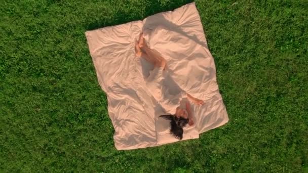 Безпілотник летить над самицею, лежачи на білому ліжку лузі з зеленою травою — стокове відео