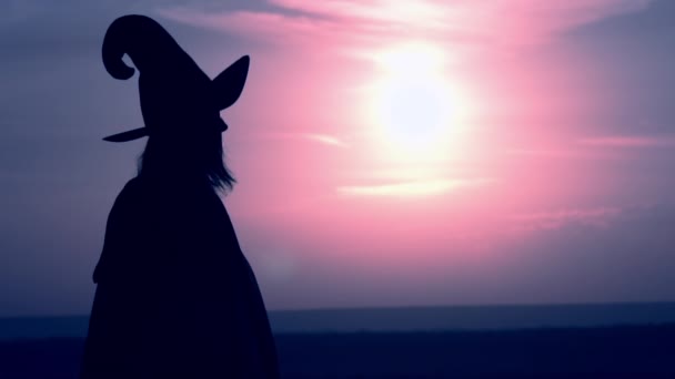 Nő egy boszorkány jelmezben tart ki egy mágikus alma — Stock videók