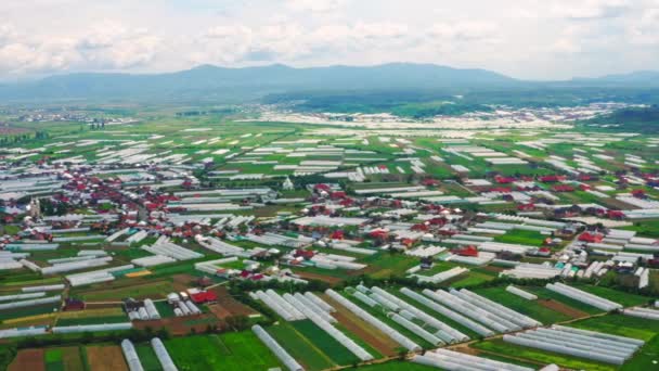 Drone vuela por encima de la aldea con invernaderos — Vídeos de Stock