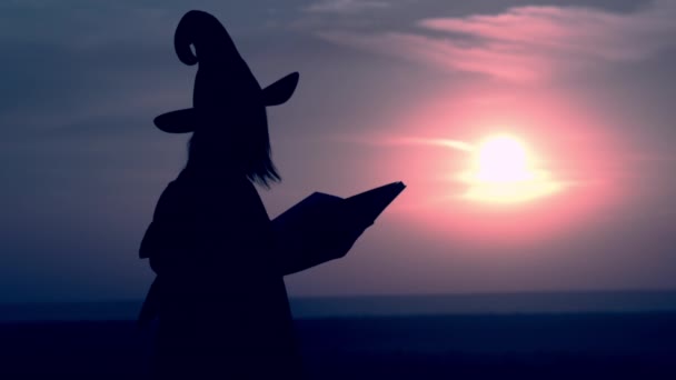 Mulher em um traje de bruxa segurando noite livro mágico ao ar livre — Vídeo de Stock