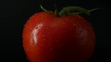 Yakın çekim rotasyon kırmızı domates su damlaları ile kaplı. Taze ve sulu, diyetler için mükemmel. 4k çözünürlük, döngü video.