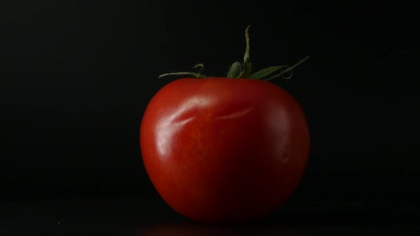 Gros Plan Rotation Tomate Rouge Recouverte Gouttes Eau Frais Juteux — Video