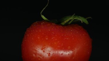 Yakın çekim rotasyon kırmızı domates su damlaları ile kaplı. Taze ve sulu, diyetler için mükemmel. 4k çözünürlük, döngü video.