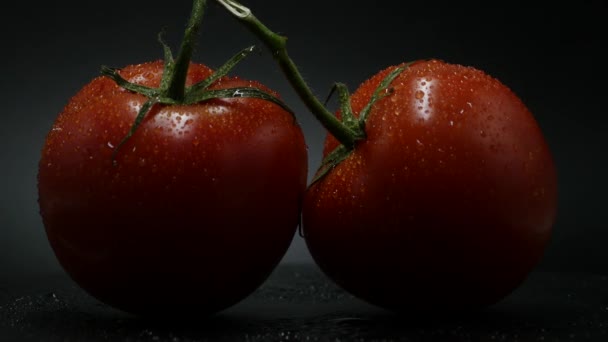 Primer Plano Rotación Tomates Rojos Cubiertos Por Gotas Agua Fresco — Vídeo de stock
