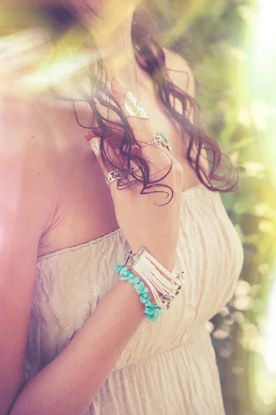 Closeup Young Woman Hand Lot Boho Style Jewrly Rings Bracelets — Stock Photo, Image