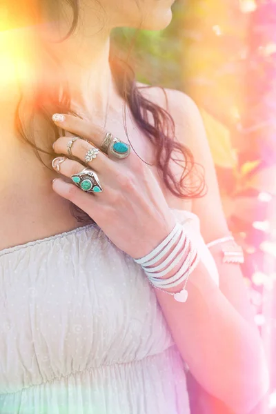 Closeup Young Woman Hand Lot Boho Style Jewrly Rings Bracelets — Stock Photo, Image