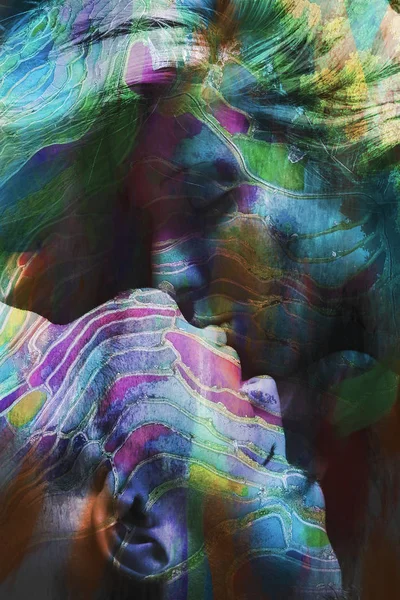 colorful kiss man and woman kissing double exposure