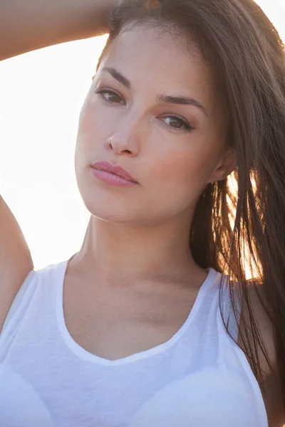 Pretty City Girl Portrait Sunset Backlight Top Building Closeup — Stock Photo, Image