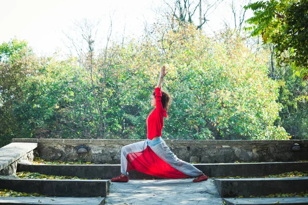 Genç Kadın Pratik Yoga Açık Sonbahar Günü Savaşçı Poz — Stok fotoğraf