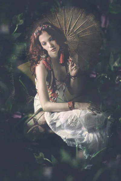 Beautiful Young Woman White Dress Parasol Sit Fantasy Garden Composite — Stock Photo, Image