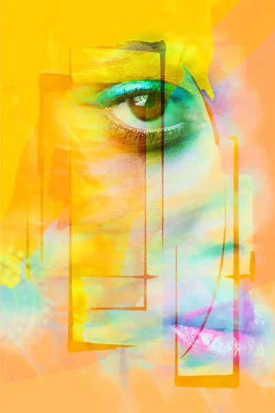 Closeup Woman Face Eye Lips Composite Photo Yellow Orange Colors — Stock Photo, Image